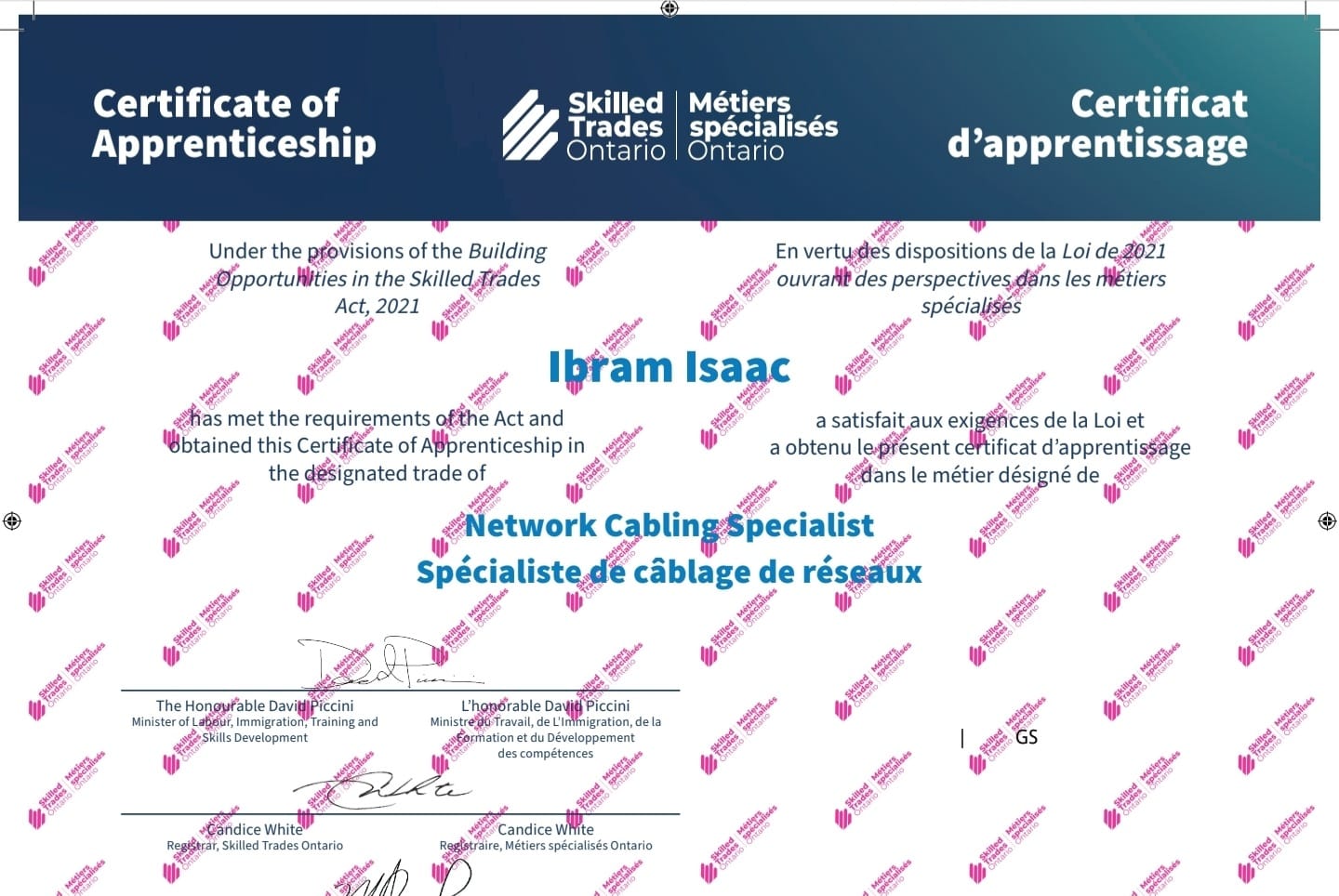 Skilled Trades Ontario Certificate of Apprenticeship — Ibram Isaac, Network Cabling Specialist