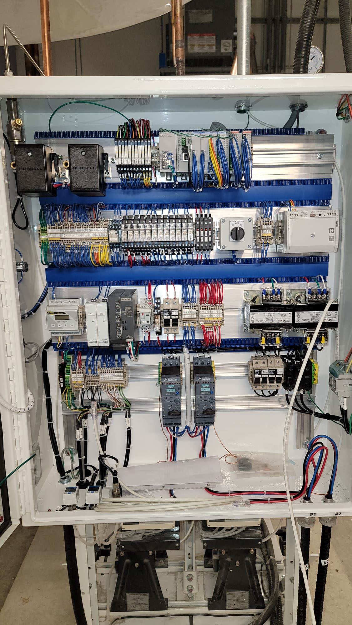 Industrial control panel with Tyco SoftwareHouse access controller, breakers, contactors, and color-coded structured wiring on plywood backboard